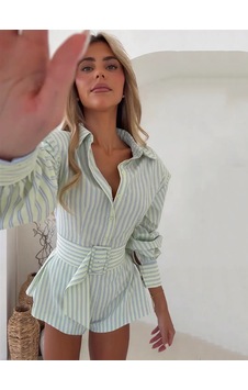 Havens Honey Çizgili Şort Gömlek Kemer Set Yeşil Havens Honey Çizgili Şort Gömlek Kemer Set Yeşil