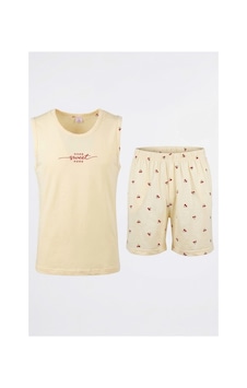Feg Store Kadın Açık Sarı Kiraz Desenli Şortlu Sıfır Kollu Alt Üst Pijama Takımı