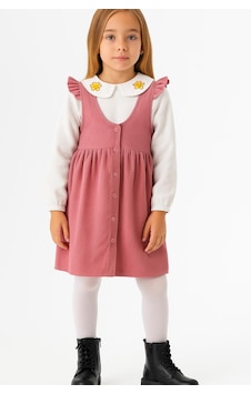 Rapapa Kız Çocuk Pembe Askılı Fitilli Elbise Takım Çiçek İşlemeli Yaka Detaylı Bluz-1554-p