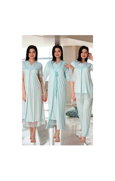 Blackmore Kadın Mavi Süslü Dantelli Lohusa Hamile Pijama 4'lü Set Mavi