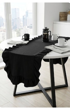 Naturel Siyah Fırfırlı Keten Runner - 40x110 Cm Naturel Siyah Fırfırlı Keten Runner - 40x110 Cm