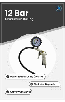 Manometreli Lastik Bakım Ürünü Şişirme Tabancaı 12 Bar Alüminyum Manometreli Lastik Bakım Ürünü Şişirme Tabancaı 12 Bar Alüminyum