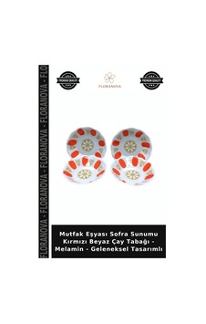 Mutfak Eşyası Sofra Sunumu Kırmızı Beyaz Çay Tabağı - Melamin - Geleneksel Tasarımlı Çok Renkli