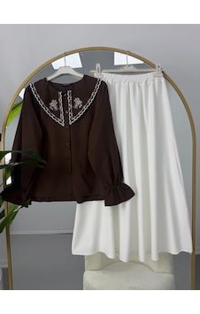 Lovie Moda Nakışlı Bebe Yaka Etekli Takım Kahverengi
