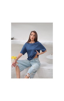 Paw Garage Kadın Mia İnterlok Kumaş Bisiklet Yaka Oversize T-shirt Mavı Paw Garage Kadın Mia İnterlok Kumaş Bisiklet Yaka Oversize T-shirt Mavı