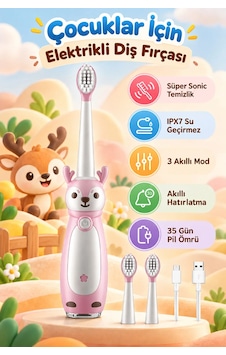 Exenar - Pembe - Çocuk Şarjlı Sonic Elektrikli Diş Fırçası 3 Akıllı Modlu Ipx7 Su Geçirmez Titreşimli Yumuşak Kıllı