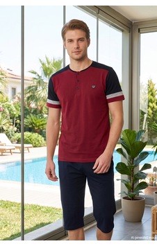Remssaa Erkek Kısa Kol Kaprili Süprem Kumaş Pijama Takımı 1765 Bordo