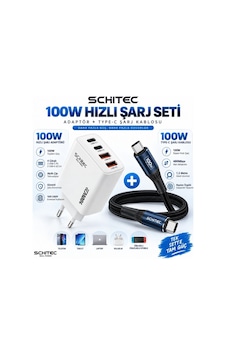 Schitec 100w 4 Çıkışlu Hızlı Şarj Başlığı Ve 100w Type-c To Type-c Süper Hızlı Şarj Kablosu 1.2 Schitec 100w 4 Çıkışlu Hızlı Şarj Başlığı Ve 100w Type-c To Type-c Süper Hızlı Şarj Kablosu 1.2