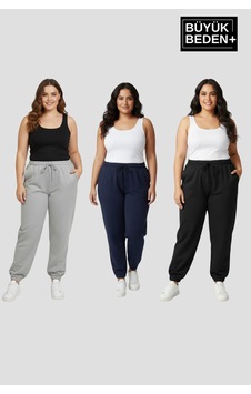Superlife Kadın Büyük Beden Üçlü Jogger Paça Lastikli İnce Eşofman Altı Seti Spr26bea951+3 Siyah
