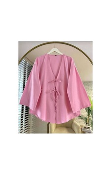 Unika Butik Önü Bağlamalı Kimono Tunik Pembe Oversize Yeni Sezon Rahat Kalıp