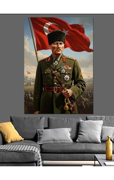 Atatürk Türk Bayrağı Altında Üniformalı Dekoratif Kanvas - Mdf Ahşap Tablo Atatürk Türk Bayrağı Altında Üniformalı Dekoratif Kanvas - Mdf Ahşap Tablo