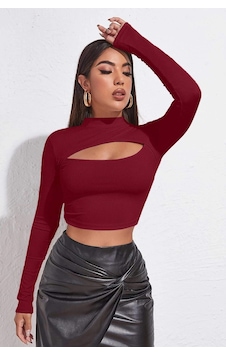 I-moda Kadın Bordo Göğüs Dekolteli Uzun Kollu Cut Out Crop Top Bluz I-moda Kadın Bordo Göğüs Dekolteli Uzun Kollu Cut Out Crop Top Bluz