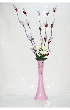 60 Cm Uzun Pembe Desenli Vazo 5 Adet Mor 20 Salkım Üzüm Beyaz Gül
