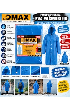 Dmax Profesyonel Yağmurluk Ebat : 66 X 115 Cm Ağırlık:150 Gram Su Geçirmez Kapşonlu Çift Katman Önden Düğmeli Mavi