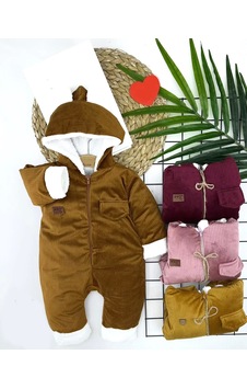 Feminight 3-6-9-12 Ay Fermuar Kapamalı Kadife Kumaş İçi Tüylü Kız Erkek Bebek Tulumu Bej Bej