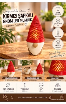Kırmızı Şapkalı Gnom Led Mumluk 3d Baskı Pla Dekor, 12,5 Cm Kırmızı Şapkalı Gnom Led Mumluk 3d Baskı Pla Dekor, 12,5 Cm