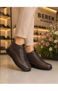 Beren Hakiki Deri Kahverengi Kadın Bot Süet Garnili Bağcıklı Ortopedik Comfort Günlük Casual Sneaker Bot