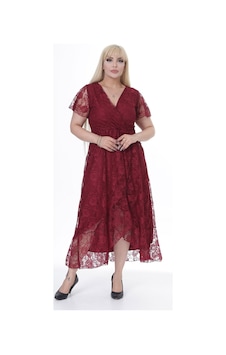 Kruvaze Yaka Büyük Beden Dantel Elbise 10b-2446 Bordo Kruvaze Yaka Büyük Beden Dantel Elbise 10b-2446 Bordo