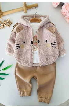 Minigimin Cicileri Kedi Figürlü Peluş Ceketli, Baskılı Tişörtlü Ve Fırfır Paçalı Kız Bebek 3 Lü Takım - Bej Minigimin Cicileri Kedi Figürlü Peluş Ceketli, Baskılı Tişörtlü Ve Fırfır Paçalı Kız Bebek 3 Lü Takım - Bej