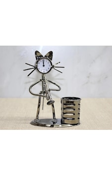 Metal Saksafon Çalan Kedi Müzisyen Saat Ve Kalemlik Alk4346 - Metal Saksafon Çalan Kedi Müzisyen Saat Ve Kalemlik Alk4346 -