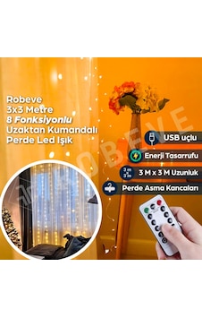 Robeve 3x3 Metre Peri Led Kumandalı Perde Asma Kancalı Peri Led Yılbaşı Led Gün Işığı Led Işık 8 Modlu Parti Işığı Dekoratif Işık Led Saçak Led Işık Perde Led Yılbaşı Dekorasyon