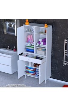 Modilayn Afra 75x173x32,5 Cm 1 Çekmece 3 Kapak 5 Raf 8 Bölme Çok Amaçlı Banyo & Mutfak Dolabı Beyaz