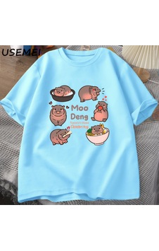 Flood Of Style Tayland Yılında Moo Deng Bouncy Domuz Bebek Hippo Khao Kheow Açık Hayvanat Bahçesi T-shirt Ko Mavi