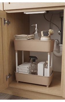 2 Katlı Plastik Düzenleyici Raf Cappuccino Mutfak Dolap İçi Raf Banyo Rafı Masa Altı Organizer Çok Amaçlı Saklama Düzenleyici 30x17,5x40,5 Cm Bej Bej