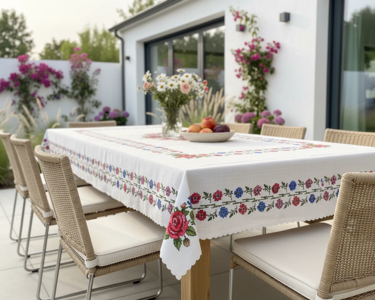Kanaviçe Desen Polyester Kumaş Yakma Kenar Leke Tutmaz Yemek Masa Örtüsü Ekru - Kırmızı Kanaviçe Desen Polyester Kumaş Yakma Kenar Leke Tutmaz Yemek Masa Örtüsü Ekru - Kırmızı