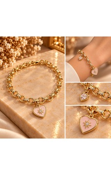 Pembe Kalp Sallantılı Paslanmaz Çelik Altın İşçiliği Bileklik Gold Pembe Kalp Sallantılı Paslanmaz Çelik Altın İşçiliği Bileklik Gold