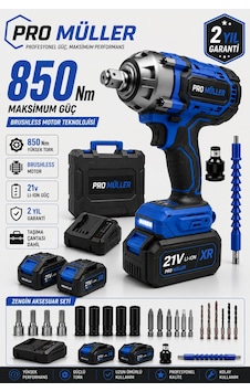 Pro Müller Professional 21v Çift Akülü 850nm Torklu Bl Motor Şarjlı Darbeli Somun Sıkma Sökme Makinesi Setli Pro Müller Professional 21v Çift Akülü 850nm Torklu Bl Motor Şarjlı Darbeli Somun Sıkma Sökme Makinesi Setli