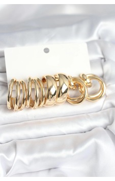 Pirinç Gold Renk 3 Çift Vintage Kadın Küpe Seti Açık Gold