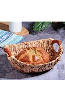 Kosova Wicker Serisi Bezli Oval Ahşap Kulplu Hasır Ekmek Sepeti Açık Gri