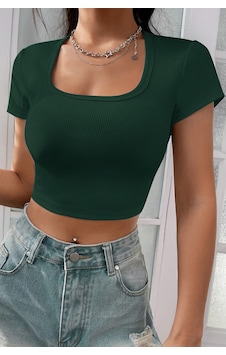 Veraura Lifestyle Kadın Yeşil Yarım Kol Düz Yaka Crop Top Bluz