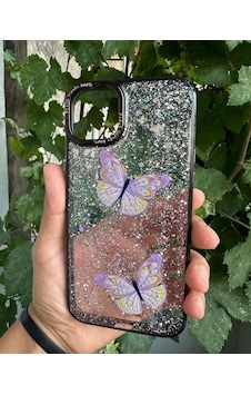 Apple Uyumlu iPhone 15 Plus Taşlı Simli Kelebekli Kılıf Siyah Apple Uyumlu iPhone 15 Plus Taşlı Simli Kelebekli Kılıf Siyah