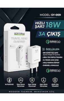Soffany Sy-009 18w Qualcomm 3.0 Hızlı Şarj Adaptörü 3a Çıkış - Lisinya Beyaz Soffany Sy-009 18w Qualcomm 3.0 Hızlı Şarj Adaptörü 3a Çıkış - Lisinya Beyaz