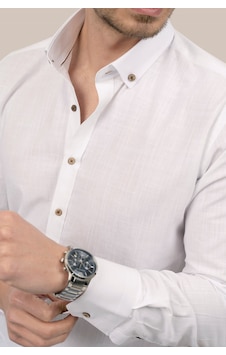 Beyaz Kahve Düğmeli Keten Slimfit Kutulu Gömlek Beyaz Beyaz Kahve Düğmeli Keten Slimfit Kutulu Gömlek Beyaz