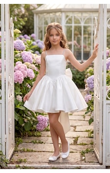 Butik Happy Kids Kız Çocuk Abiye Beyaz Monoray Parlak Kumaş Taş Askılı Fiyonklu Kalarık Prenses Abiye Elbise 9-12 Yaş Mezuniyet Düğün Davet Elbisesi
