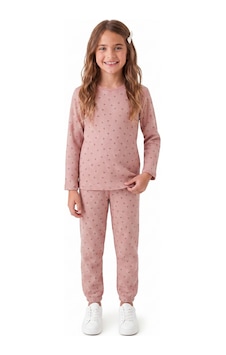 Onloox Kız Çocuk Gülkurusu Kız Çocuk Gülkurusu Müslin Pamuklu Bisiklet Yaka Uzun Kollu Regular Çiçekli Pijama Takımı 4-8 Yaş