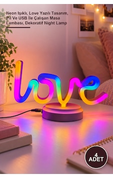 4 Adet Love Neon Masa Gece Lambası Neon Işıklı, Love Yazılı Tasarım, Pil Ve Usb İle Çalışan Masa Lambası, Dekoratif Night Lamp Diğer