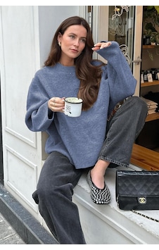 Madmext Madmext Bisiklet Yaka Oversize Triko Kazak MG1972 İndigo Madmext Madmext Bisiklet Yaka Oversize Triko Kazak MG1972 İndigo