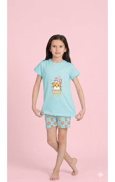 Elmas Kids Kız Çocuk Yazlık Şortlu Pijama Takım Kedi Elm-4214 Mint