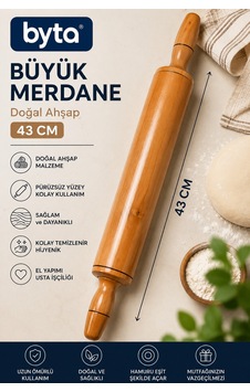 Büyük Ahşap Merdane 43 Cm Hamur Açma Merdanesi Doğal Ahşap Oklava