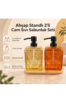 Ahşap Standlı 2'li Cam Sıvı Sabunluk Çok Renkli Ahşap Standlı 2'li Cam Sıvı Sabunluk Çok Renkli