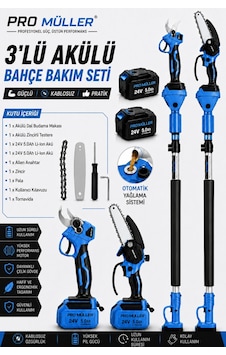 Pro Müller Professional 3'lü Set 24 V Çift Akülü Teleskopik Kollu Bağ Makası Ve Budama Testeresi Makinesi Pro Müller Professional 3'lü Set 24 V Çift Akülü Teleskopik Kollu Bağ Makası Ve Budama Testeresi Makinesi