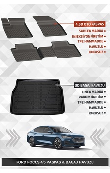 Sahler Focus 4/5 2019+ Sedan Uyumlu 4.5d Premium Havuzlu Paspas Ve Liner Marka 3d Bagaj Havuzu