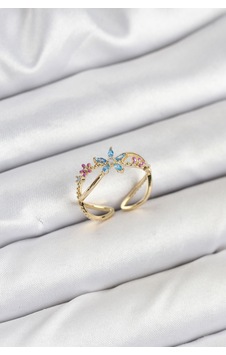 Pirinç Gold Renk Zirkon Taşlı Mavi Çiçekli Kadın Yüzük Altın Pirinç Gold Renk Zirkon Taşlı Mavi Çiçekli Kadın Yüzük Altın