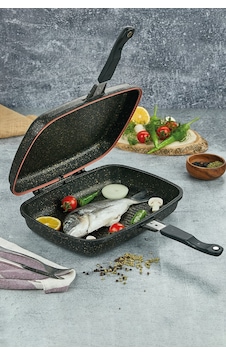 Polochef İron Granit Döküm Et Tavuk Balık Izgara Tavası 36 Cm Siyah Siyah