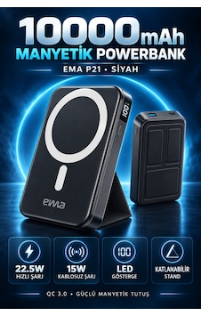 Eima P21 10000 Mah 22.5w Qc 3.0 Hızlı Şarjlı Magsafe Uyumlu Manyetik Kablosuz Powerbank Standlı Led Çok Renkli