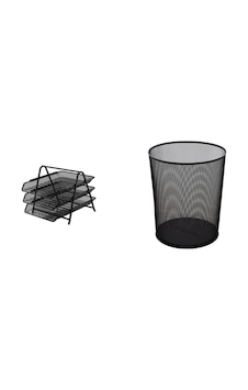 Metal Fileli Çöp Kovası + 3 Raflı Metal Evrak Rafı